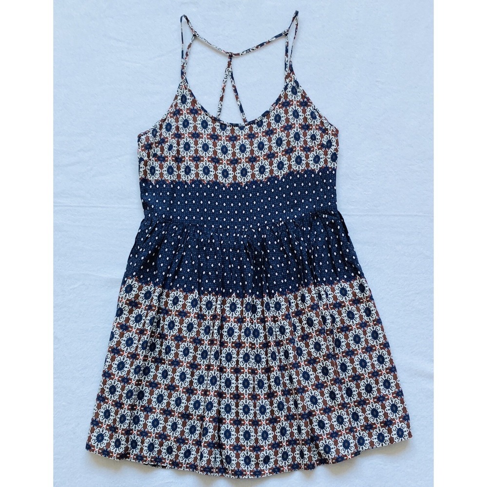 Entro Women Navy Blue Floral Medallion Print Strappy T-Back Mini Dress S D4011